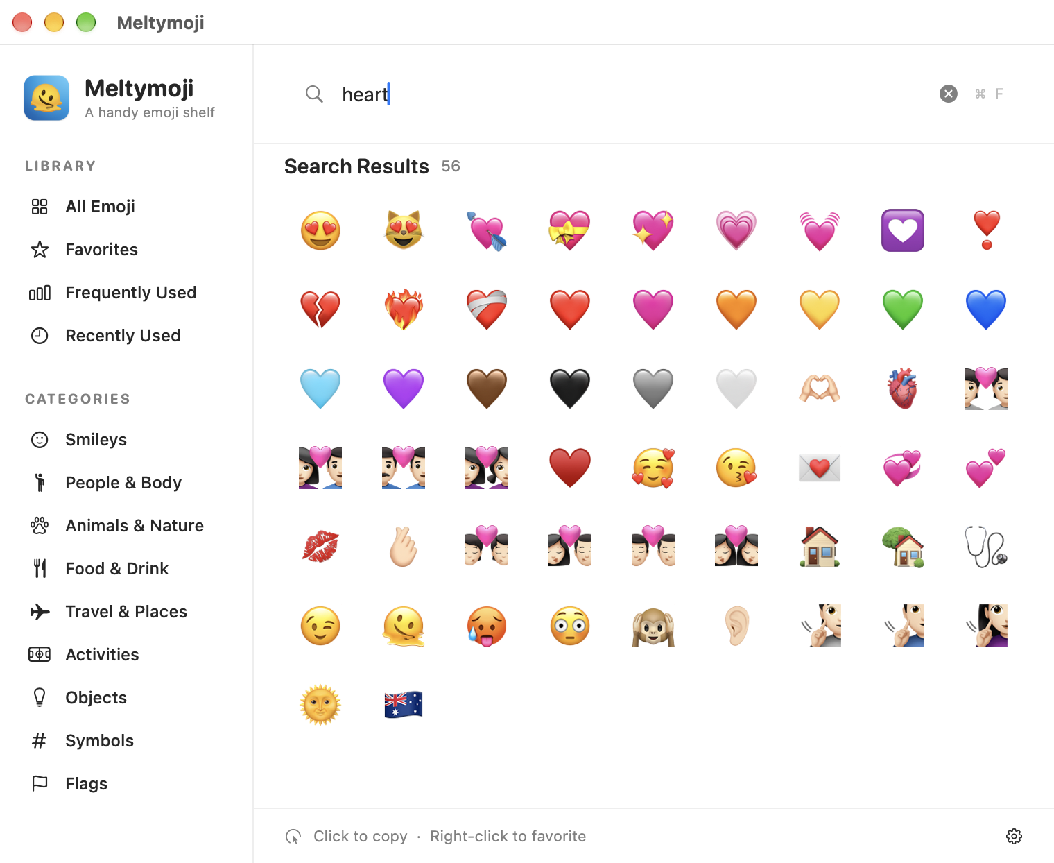 Actual Meltymoji search results for heart, including colored hearts and related emoji